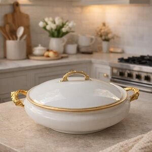 GDA France Limoges French White Gold Covered Serving Dish Bowl Tureen Porcelain